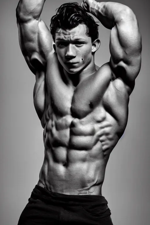 Image similar to Tom Holland is a jacked muscle builder gigachad, grayscale photography