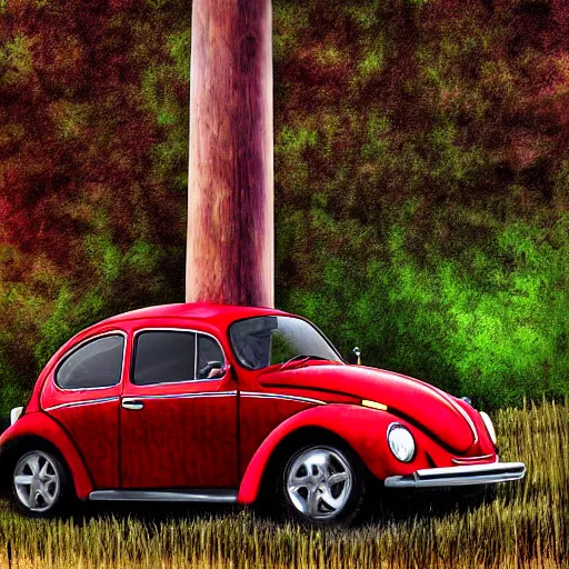 Image similar to red beetle car on top of a tall pole, digital art, photorealistic