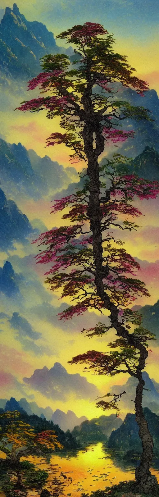 Prompt: Masterful very colorful watercolor on Xuan paper by Thomas Kinkade and Bob Ross, interpretation of A beautiful landscape photography of Zhangjiajie mountains, an intricate tree in the foreground, sunset, dramatic lighting by Anselm Adams and Albrecht Durer, chiaroscuro, shadow and light,