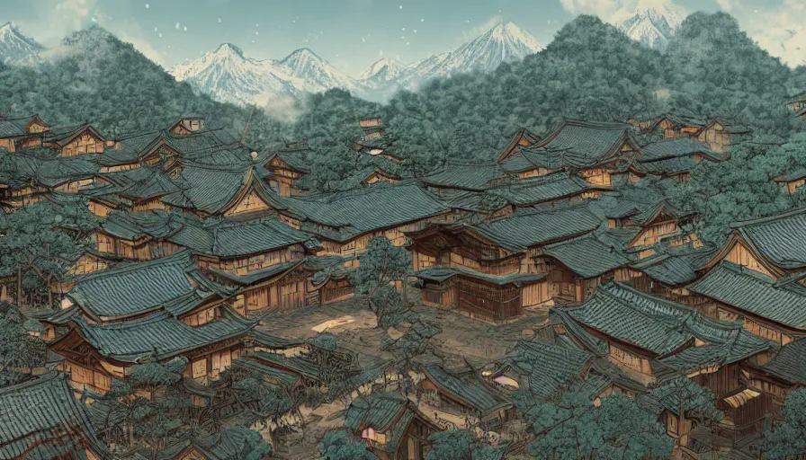 Image similar to old japanese village built near mountains, river, wooden rustic houses, manga, hyperdetailed, artstation, cgsociety, 8 k