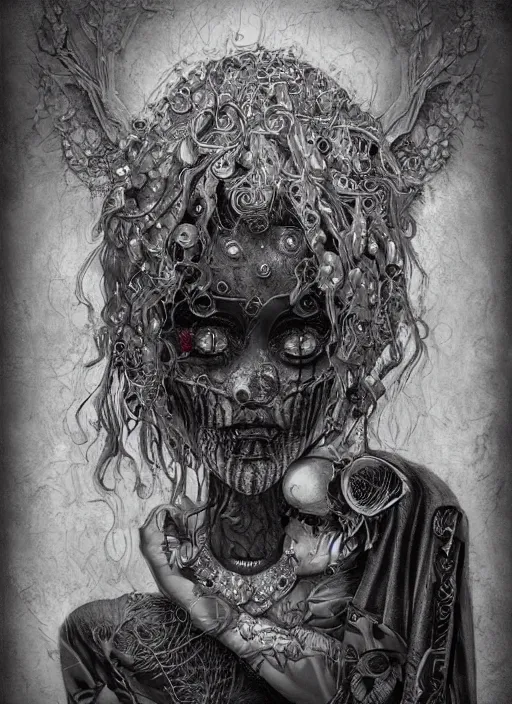 Image similar to portrait of a creepy doll, obsidian eyes, intricate, highly detailed, smooth, digital illustration, the dark and quirky art of scott radke