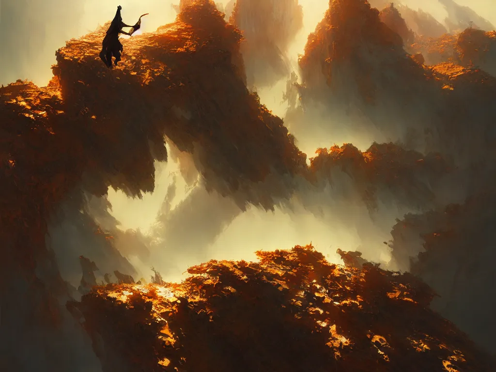 Image similar to a heavenly ninja warrior, hellish landscape, flowing backlit hair, painting by geg ruthowski, alphonse murac, craig mullins, ruan jia, wlop, yoji shinkawa, collaborative artwork, exquisitely high quality and detailed