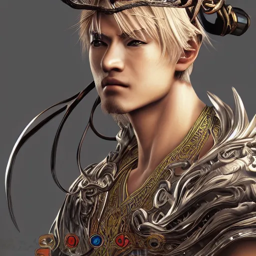 Image similar to an immortal xianxia cultivator with blonde hair as an absurdly handsome, elegant, young anime man, ultrafine hyperrealistic detailed face illustration by kim jung gi, irakli nadar, intricate linework, sharp focus, bright colors, matte, final fantasy, unreal engine highly rendered, global illumination, radiant light, intricate environment