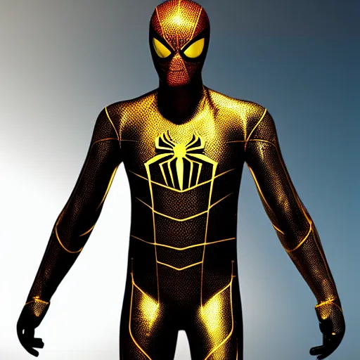 Image similar to gold spider - man suit with black web lining, cinematic, volumetric lighting, realistic, hyperdetailed, photorealistic, photograph