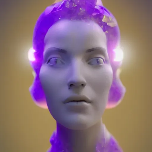 Prompt: abstract female sculpture made of white marble and amethyst crystals quartz, ethereal lights, fine details, artstation, film still, cinematic photoshooting, luxury, strong wind, golden filigree, octane render