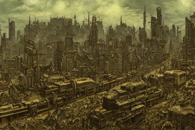 Image similar to dieselpunk city in the style of jean francois millet