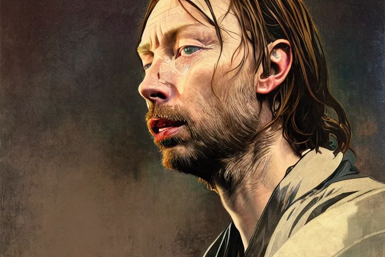 Prompt: hyper realistic portrait of wider faced thom yorke, bigger nose, on a stage, by lee bermejo, alphonse mucha and greg rutkowski