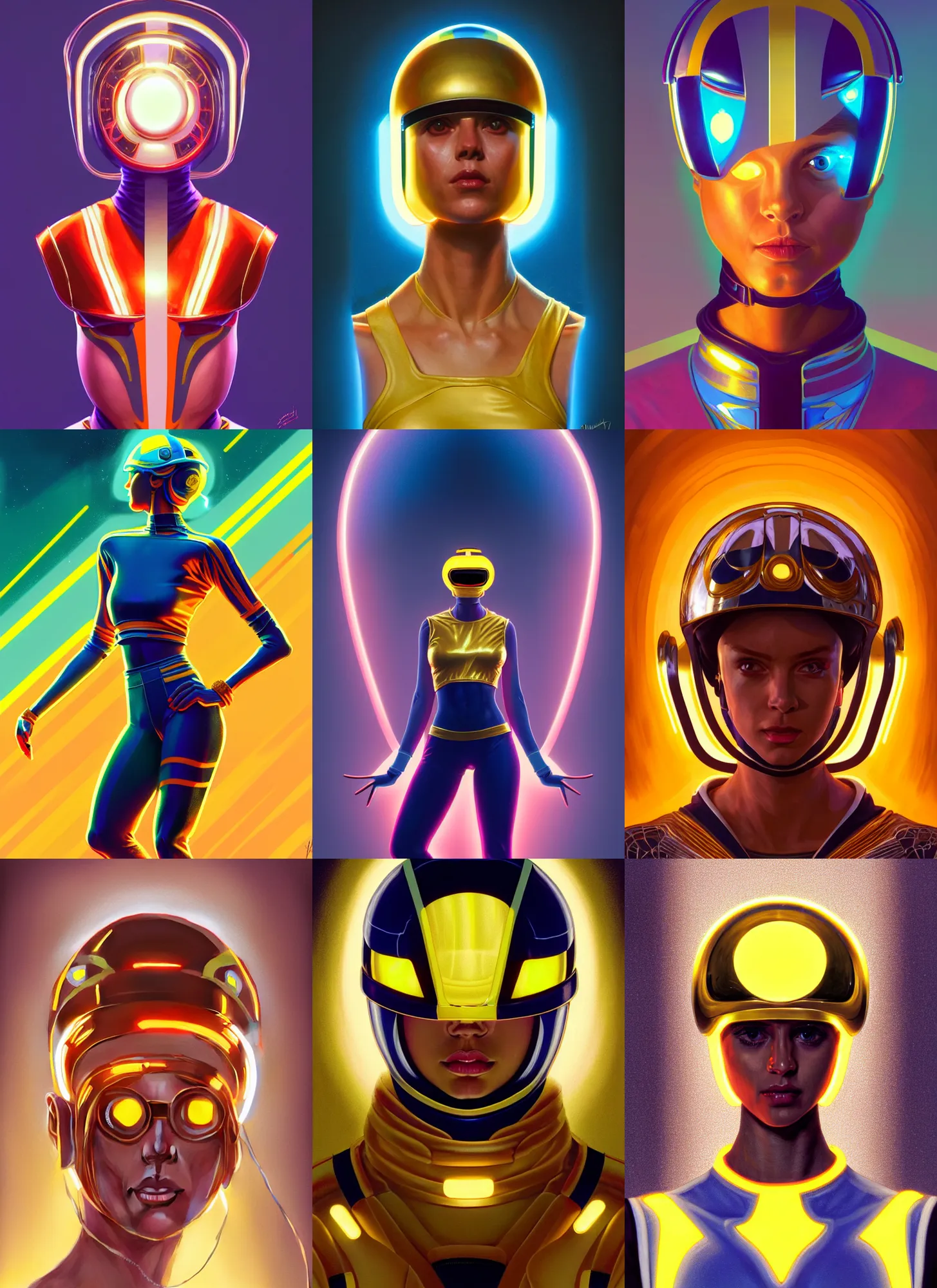 Prompt: symmetry!! portrait of side!! of a 9 0 s aerobic character with soda pop helmet and golden stripe spandex, fantasy, glowing lights!! intricate, elegant, highly detailed, digital painting, artstation, concept art, smooth, sharp focus, illustration, art by julian del rey and greg rutkowski