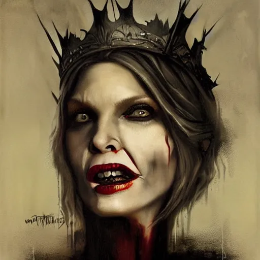 Image similar to portrait of Michelle Pfeiffer as evil vampire queen shoeing her sharp teeth wearing a dark crown by Tom Bagshaw and Guy Denning