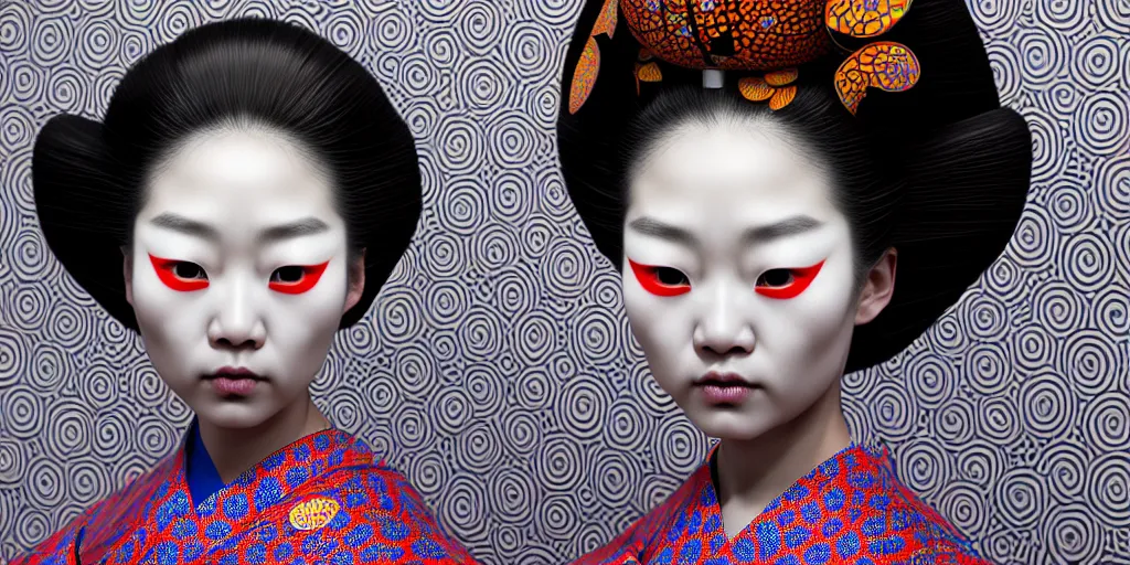 Image similar to hyperrealistic detailed image of a geisha in a art installation room, hd smooth interior by yayoi kusama, part by kei mieno, part by ross tran, dark art by james jean, ultra realistic, highly detailed, life like face, detailed body, 8 k, 3 d render by roger magrini, masterpiece