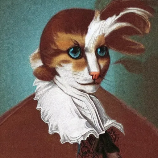 Image similar to a calico cat dressed as mozart