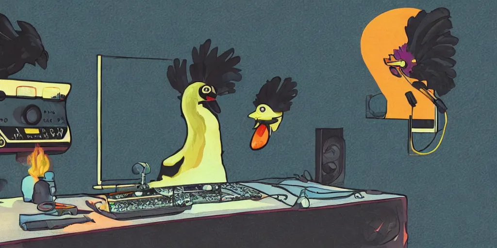 Image similar to 'black chicken'!!! smoking 'cannabis'!!!!!! in front of 'audio console'!!!! and 'multi monitors'!!!! 'in a hi-tech tv broadcasting studio'!!!!, artwork by James Gilleard