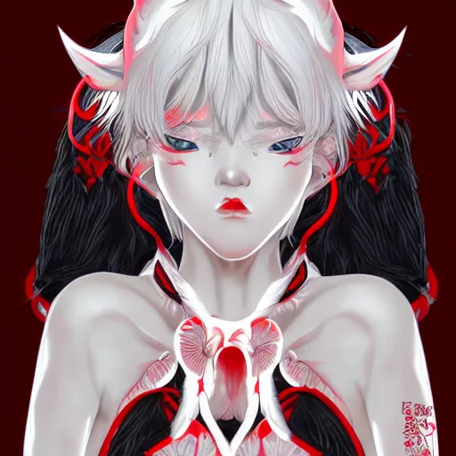 Image similar to albino kitsune maiko nekomimi, red and white neon, concept art, intricate details, highly professionally detailed, cgsociety, highly detailed -