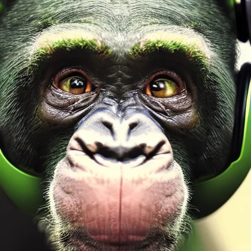 Image similar to a high quality photo of a green chimp wearing headphones, realism, 8k