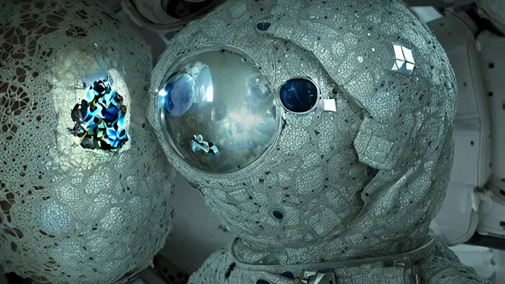 Image similar to a single astronaut eva suit made of diamond 3d fractal lace iridescent bubble 3d skin and covered with insectoid compound eye camera lenses floats through the living room, film still from the movie directed by Denis Villeneuve with art direction by Salvador Dalí, wide lens,