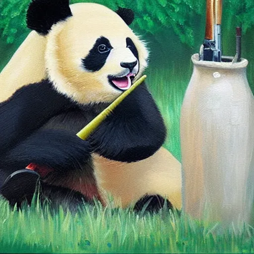 Image similar to an oil painting of a crying panda wearing overalls licking a shotgun