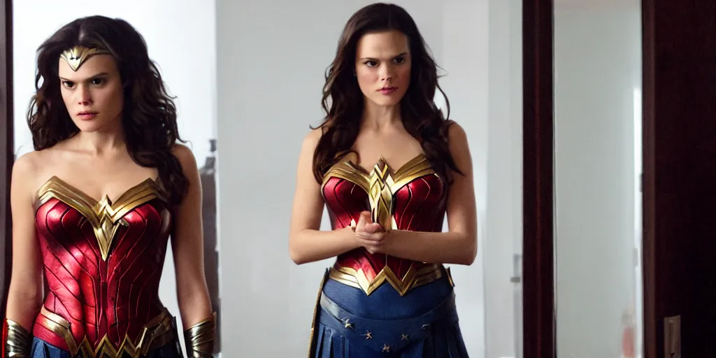 Image similar to ultra wide angle photo of rachel bilson dressed in a white blouse and black dress pants as diana prince looking at herself in a bathroom mirror and seeing her reflection as wonder woman