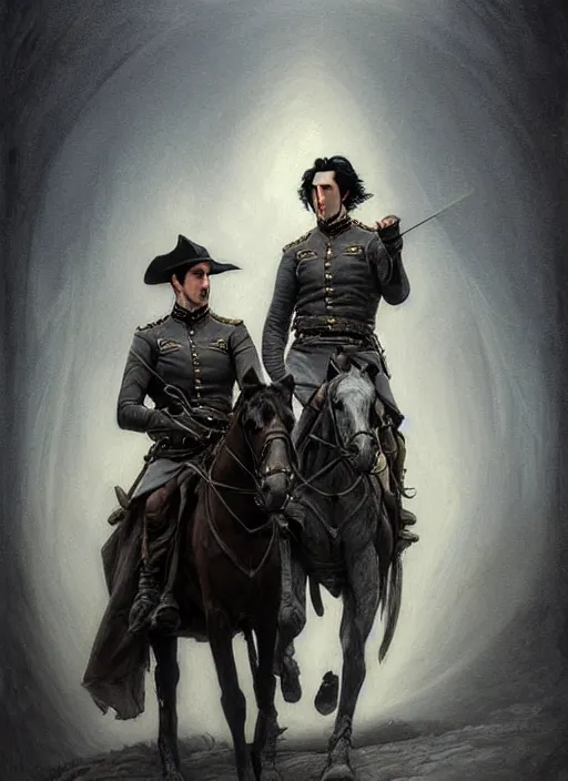 Image similar to painting of john oliver and adam driver together, riding horse, stoic, full body, military uniform, fantasy, intricate, elegant, beautiful, highly detailed, charcoal, centered, dark, smokey, digital painting, artstation, concept art, smooth, sharp focus, illustration, art by artgerm, art by greg rutkowski, art by alphonse mucha