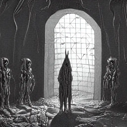 Image similar to eerie space alien talking to a group of people in front of a space ship in an ancient village in a Gustave Dore art style, grunge, matte