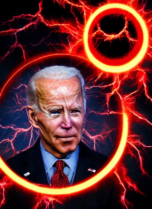 Image similar to hyper realistic ultra realistic chaos magic photo furious glowing red eyes biden, high quality photo, detailed , 8k