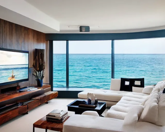 Prompt: A modern living room inspired by the ocean, a luxurious wooden coffee table with large seashells on it, 100 inch television, amazing detail, 8k resolution, blue color, calm, relaxed style, harmony, wide angle shot