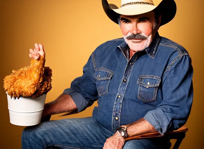 Image similar to studio portrait photo still of 3 0 year old burt reynolds at age 3 0 3 0 years old!!!! wearing a cowboy hat holding a bucket of fried chicken, 8 k, 8 5 mm f 1. 8, studio lighting, rim light, right side key light