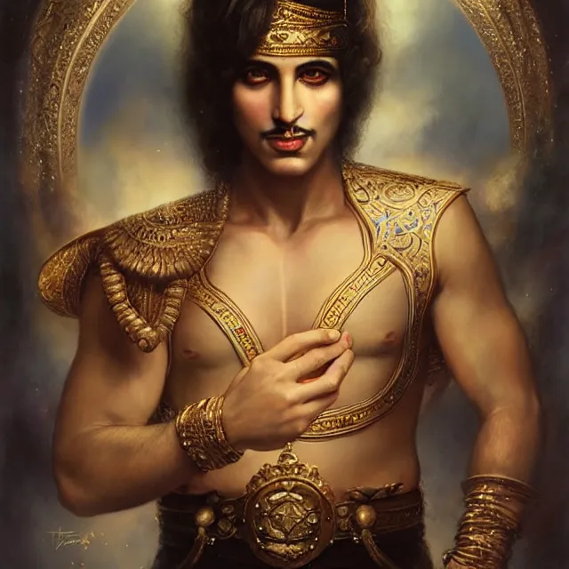 Image similar to portrait of a magical persian male genie, art by tom bagshaw and manuel sanjulian and franz xaver kosler