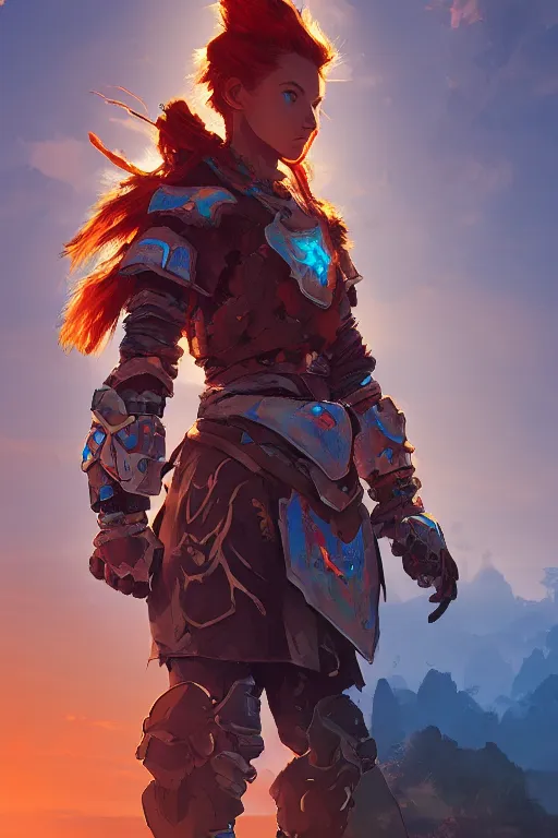 Image similar to combination suit armor aloy horizon forbidden west horizon zero dawn radiating a glowing aura global illumination ray tracing hdr fanart arstation by ian pesty and alena aenami artworks in 4 k tribal robot ninja mask helmet backpack