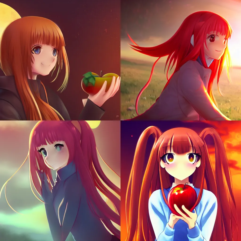 Prompt: holo from spice and wolf enjoying a delicious red apple, golden hour, 4k digital art, trending on artstation