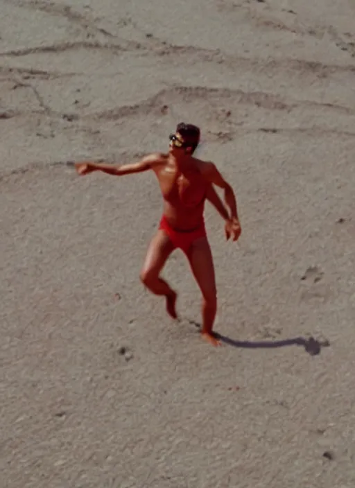 Prompt: jeff goldblum as polymorphic banana tomato raspberry on the sand of a beach