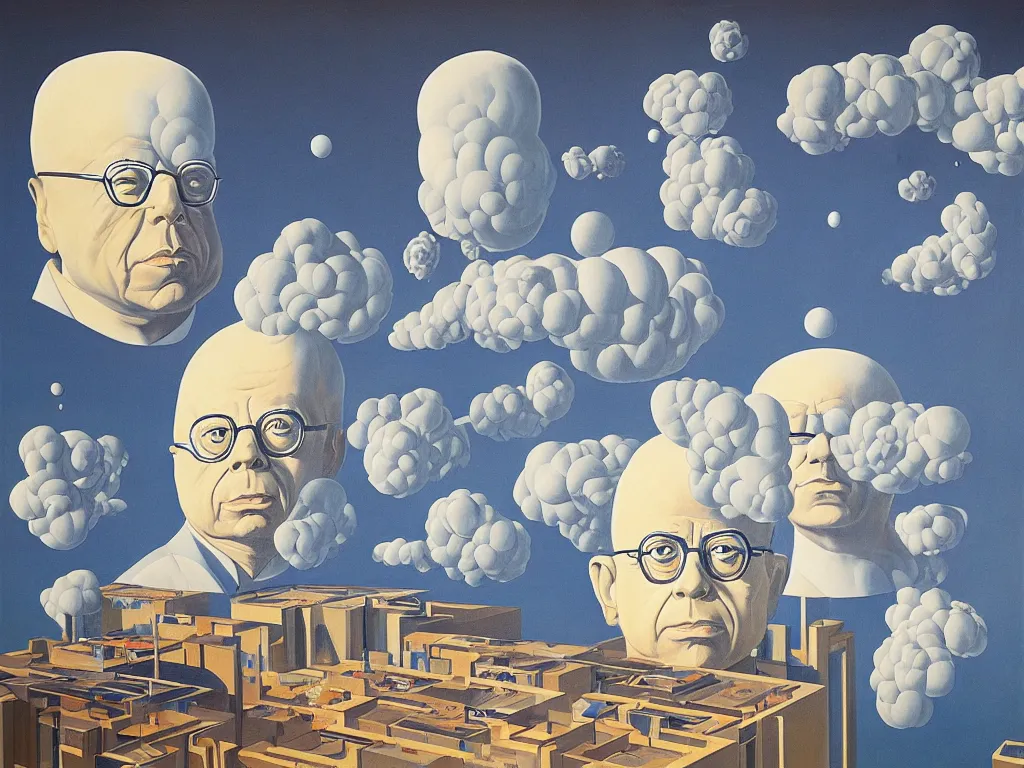 Image similar to the giant head of stanislaw lem is hovering above the futurological congress, painted by james jean and rene magritte