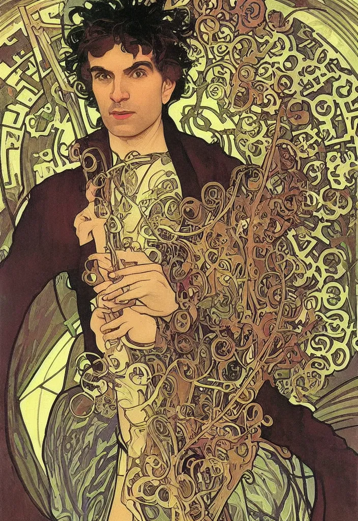 Image similar to Yoshua Bengio as the magician on a tarot card, tarot in art style by Alphonse Mucha