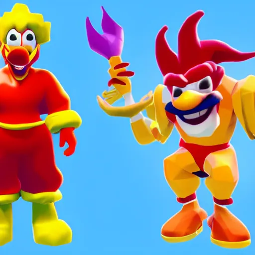 Image similar to image of ronald mcdonald, red afro, red nose and yellow outfit as an enemy in spyro the dragon video game, with low poly playstation 1 graphics, upscaled to high resolution