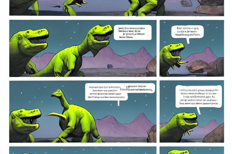 Image similar to a comic page with two dinosaurs speaking about asteroids