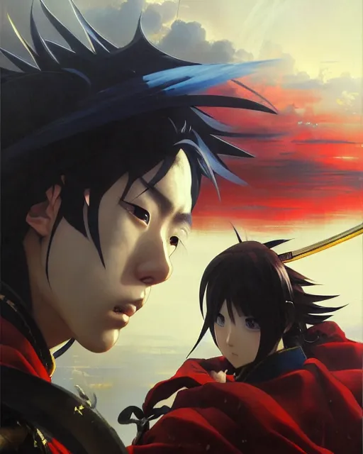 Image similar to baroque oil painting of key visual samurai war, storm, brutalist fantasy, fake detail, trending pixiv fanbox, acrylic palette knife, style of makoto shinkai takashi takeuchi yoshiyuki sadamoto greg rutkowski chiho aoshima, artstation