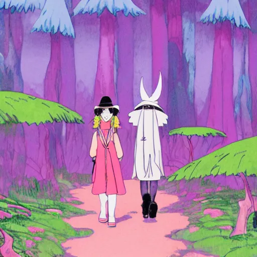 Prompt: a pink mage wearing a small satchel and a pink witch's hat walking through a lush psychedelic forest by studio ghibli