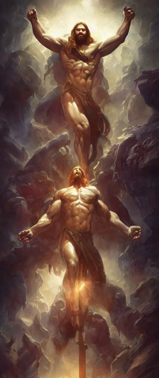 Image similar to extremely muscular jesus christ, magic the gathering art, studio lighting by jessica rossier and brian froud and gaston bussiere