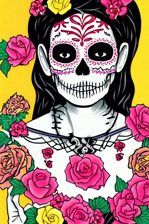 Image similar to Illustration of a sugar skull day of the dead girl, art by Hiroshi Nagai