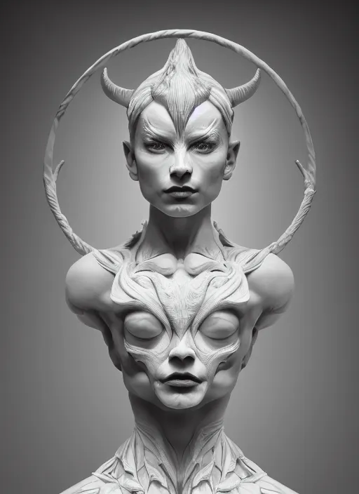 Image similar to a statue made of a gorgeous devil woman, made of white marble with gold veins, full body shot, perfect symmetrical body, perfect symmetrical face, black eyes, hyper realistic, hyper detailed, fujicolor superia photo, by johannen voss, by peter kemp, by monia merlo, by michelangelo, octane render, blender, 8 k