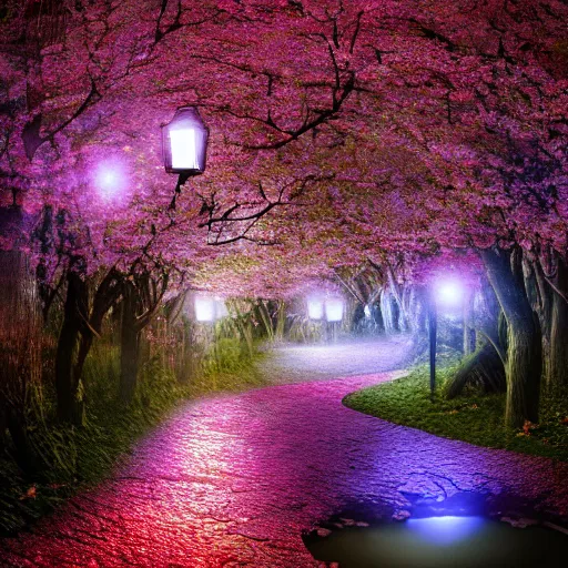 Image similar to photorealistic beautiful cherry blossom forest with paper lanterns illuminating the stone pathway. hyperdetailed photorealism, 1 0 8 megapixels, river, amazing depth, glowing rich colors, powerful imagery, psychedelic overtones, 3 d finalrender, 3 d shading, cinematic lighting, artstation concept art