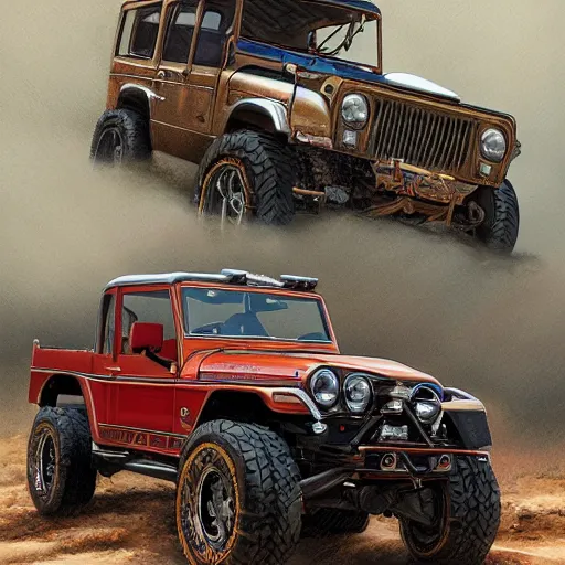 Prompt: full view of a off-road lifted classic car, intricate, elegant, highly detailed, digital painting, concept art, smooth, sharp focus, art style from Greg Rutkowski and Bruce Kaiser and Scott Robertson and Dmitry Mazurkevich and Doruk Erdem and Jon Sibal