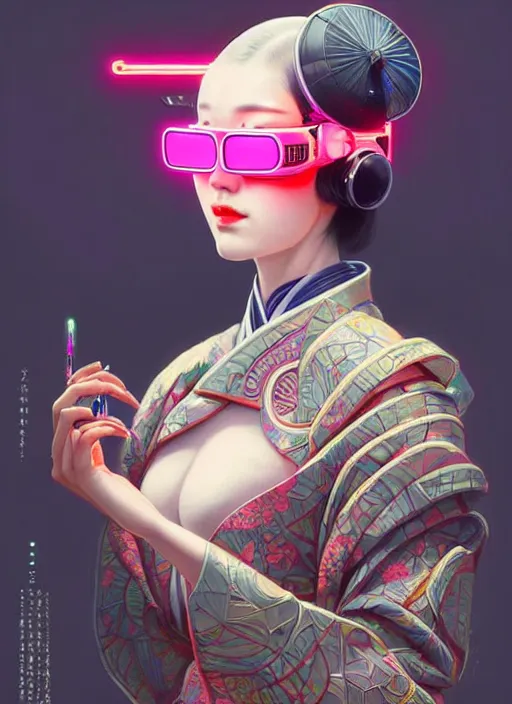 Image similar to wide angle portrait shot of female japanese android wearing a vr eyewear and a very detailed and intricate geisha kimono dress, intricate detail, cyber neon lighting, highly detailed, artstation, glamor pose, concept art, art by peter mohrbacher and boris vallejo and liam wong, pinterest, artstation, digital painting,
