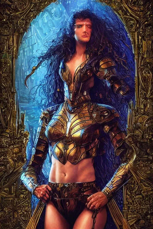 Prompt: ++++++Amazonian++++++ woman wearing holographic armour, professional model photography, blue eyes, intricate complexity, golden ratio, Kojima, Amano, Charlie Bowater, Greg Hildebrandt, Jean Delville, and Mark Brooks, Neo-Gothic, gothic, rich deep colors, high octane