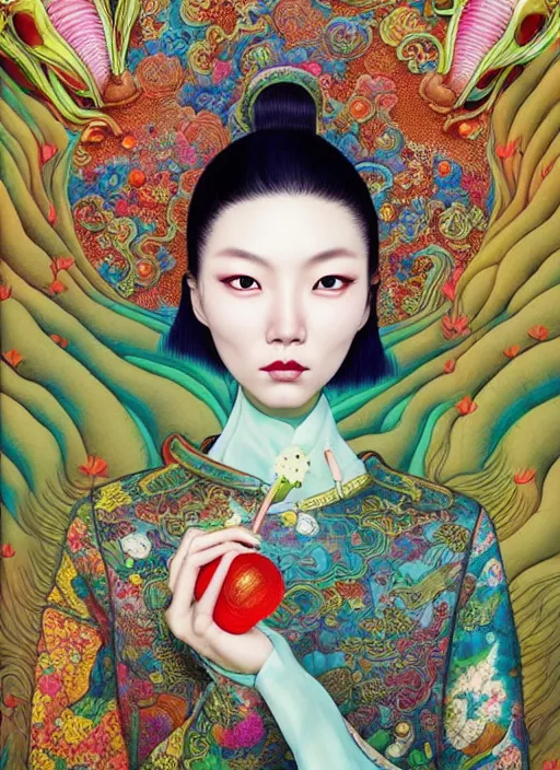 Image similar to pretty chinese model with hallucination mushroom : : by martine johanna and simon stalenhag and chie yoshii and casey weldon and wlop : : ornate, dynamic, particulate, rich colors, intricate, elegant, highly detailed, vogue, harper's bazaar art, fashion magazine, smooth, sharp focus,