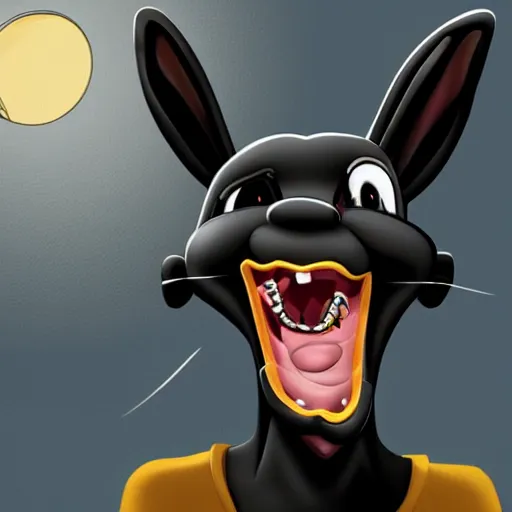 Image similar to A extremely highly detailed majestic hi-res beautiful, highly detailed head and shoulders portrait of a scary terrifying, horrifying, creepy black cartoon rabbit with scary big eyes, earing a shirt laughing, hey buddy, let's be friends, in the style of Walt Disney