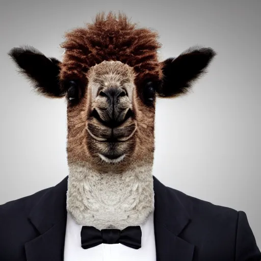 Image similar to a picture of half portrait of a man in suit with an alpaca's head, symmetrical facial features, dark background, octane.