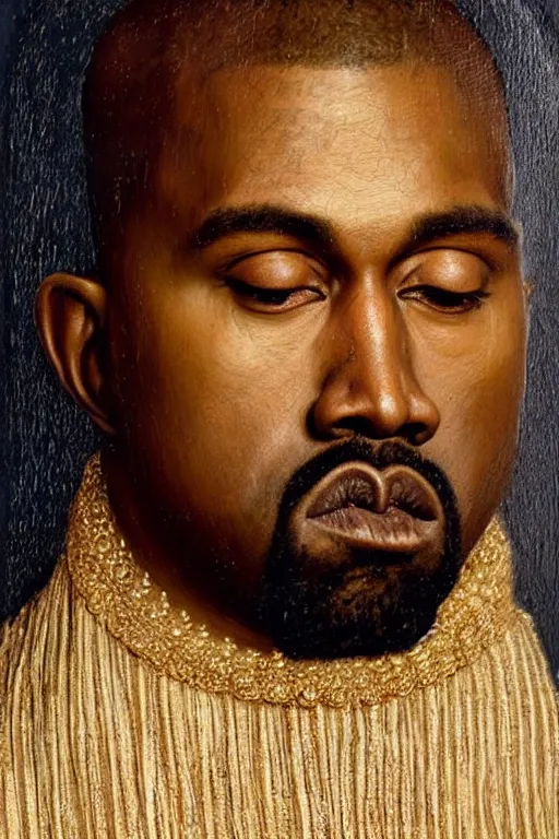 Image similar to renaissance 1 6 0 0 portrait of kanye west, oil painting by jan van eyck, northern renaissance art, oil on canvas, wet - on - wet technique, realistic, expressive emotions, intricate textures, illusionistic detail