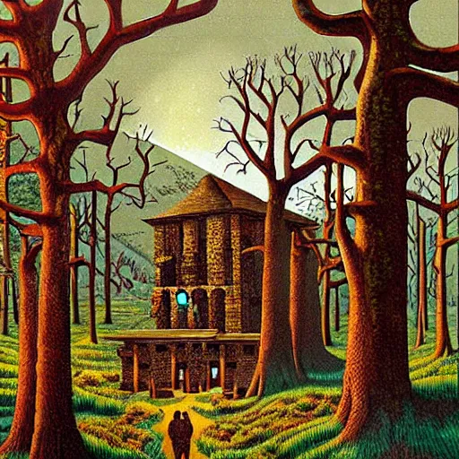 Image similar to an ancient village in the woods, painting by jeffrey smith