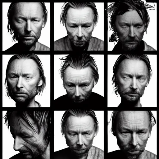 Prompt: collages, hyper realistic, many variations portrait of very old thom yorke, face variations, singer songwriter, ( side ) profile, various ages, macro lens, liminal space, by lee bermejo, alphonse mucha and greg rutkowski, greybeard, smooth face, cheekbones
