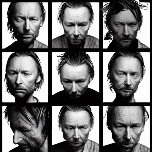 Image similar to collages, hyper realistic, many variations portrait of very old thom yorke, face variations, singer songwriter, ( side ) profile, various ages, macro lens, liminal space, by lee bermejo, alphonse mucha and greg rutkowski, greybeard, smooth face, cheekbones